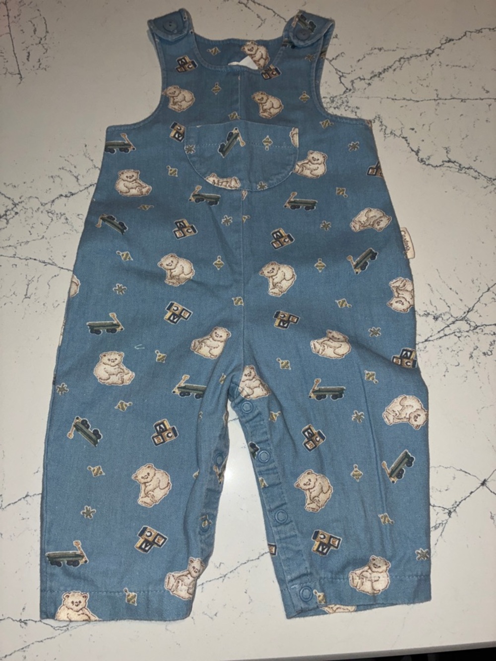 Carter's vintage Blue Teddy Bear and abc blocks Print Overalls